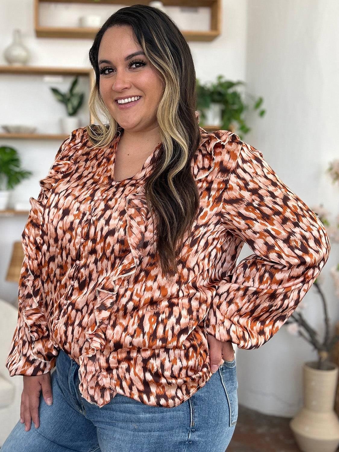 Double Take Full Size Printed Ruffle Trim Balloon Sleeve Shirt - Clothes For Her Online Store