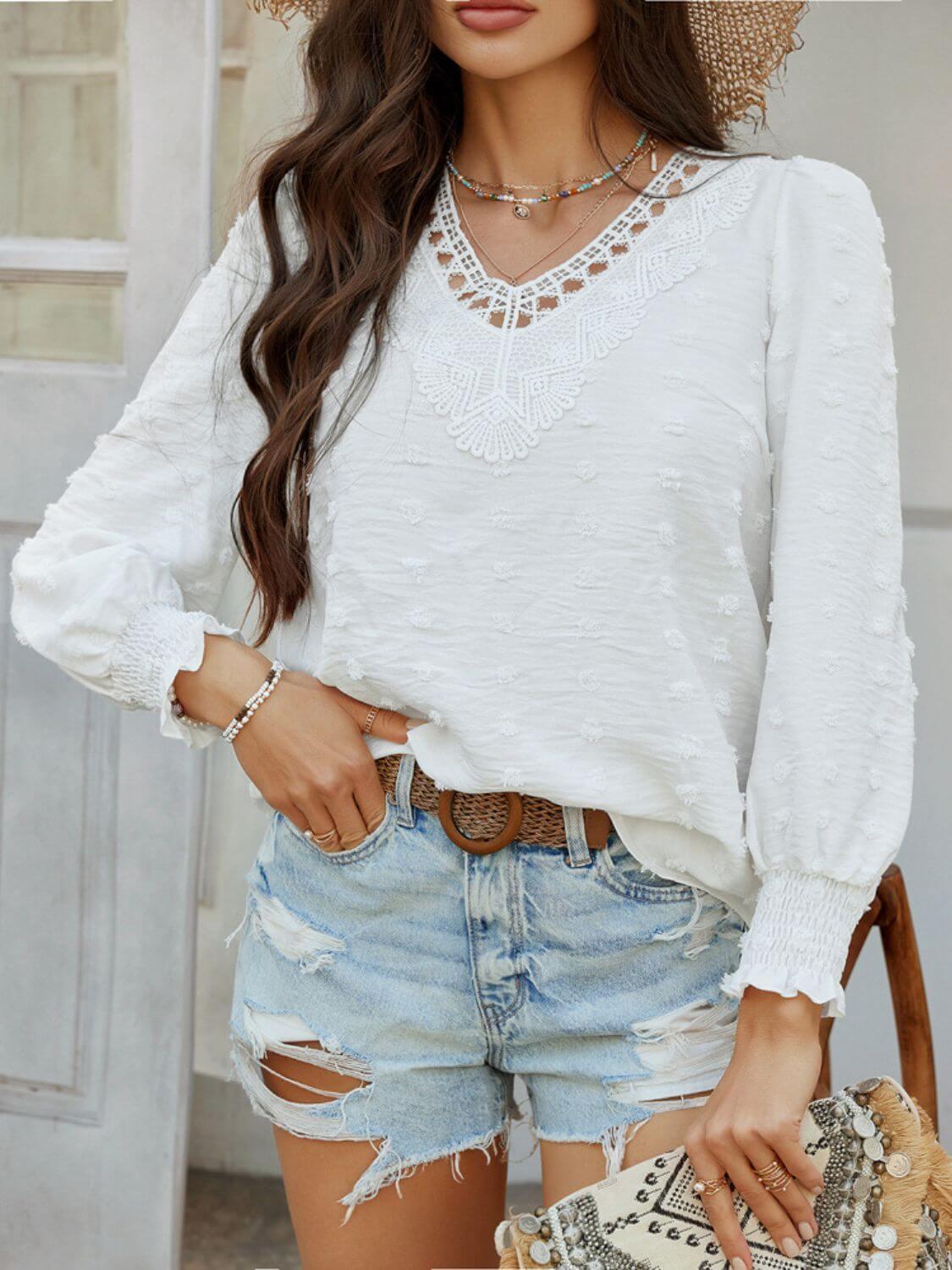Devine Swiss Dot Lace Detail V-Neck Long Sleeve Blouse - Clothes For Her Online Store