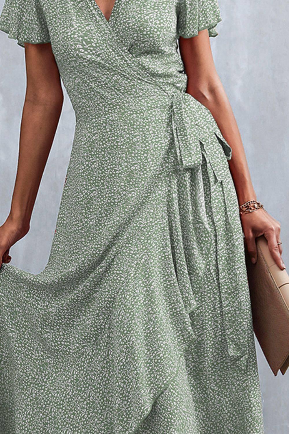 Floral Surplice Neck Tied Midi Dress - Clothes For Her Online Store