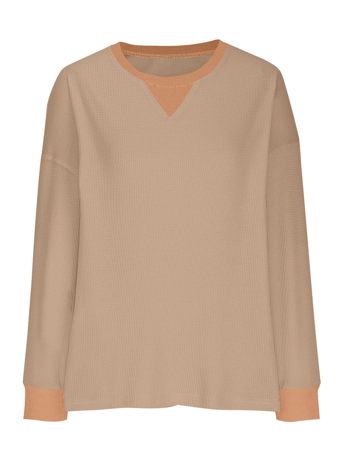 Waffle Knit Round Neck Long Sleeve T-Shirt - Clothes For Her Online Store
