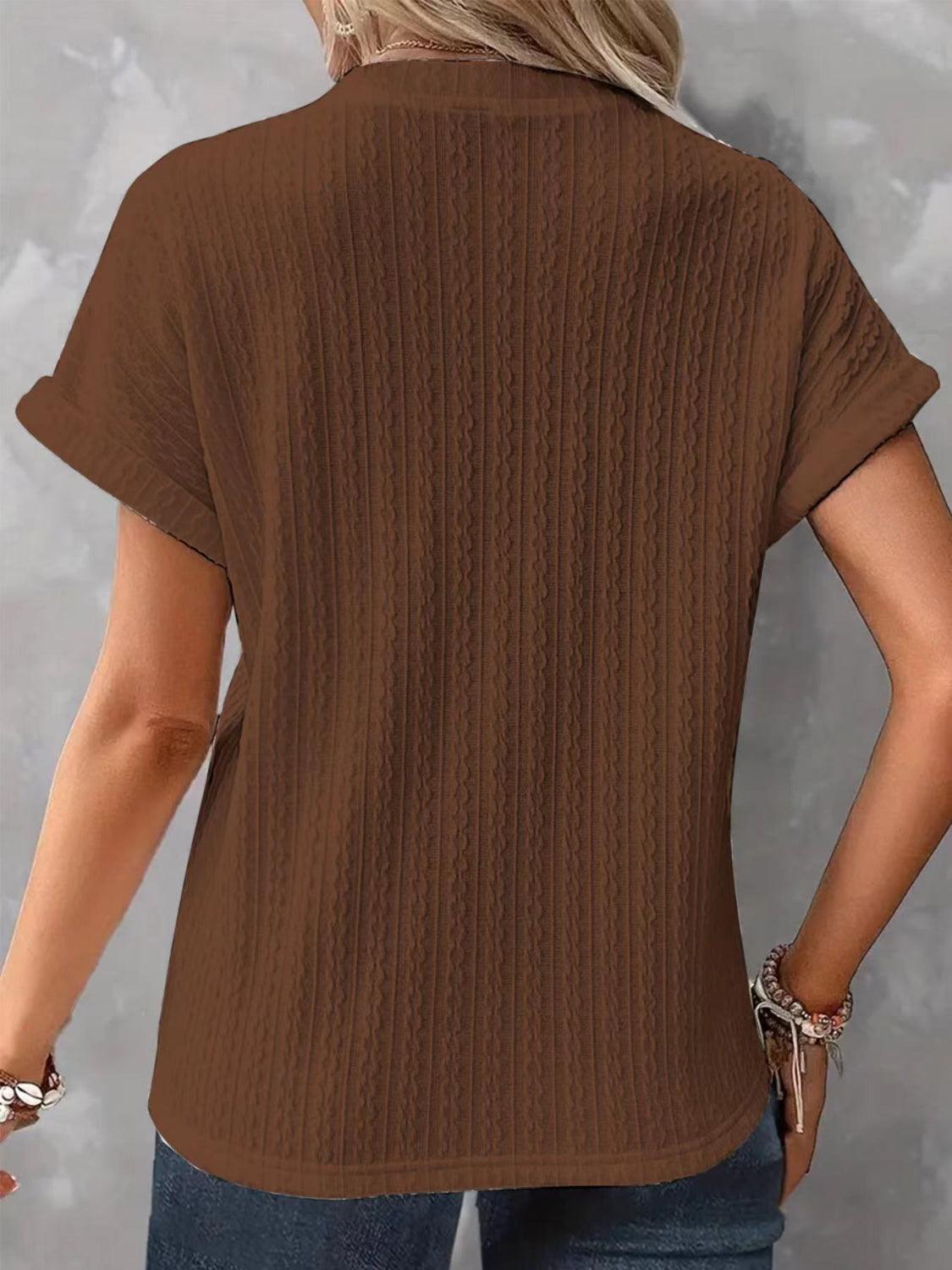 Textured Notched Short Sleeve Top - Clothes For Her Online Store