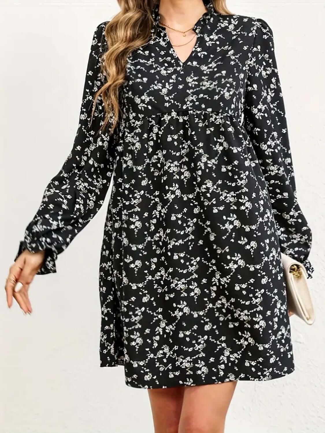 Ditsy Floral Notched Flounce Sleeve Dress - Clothes For Her Online Store