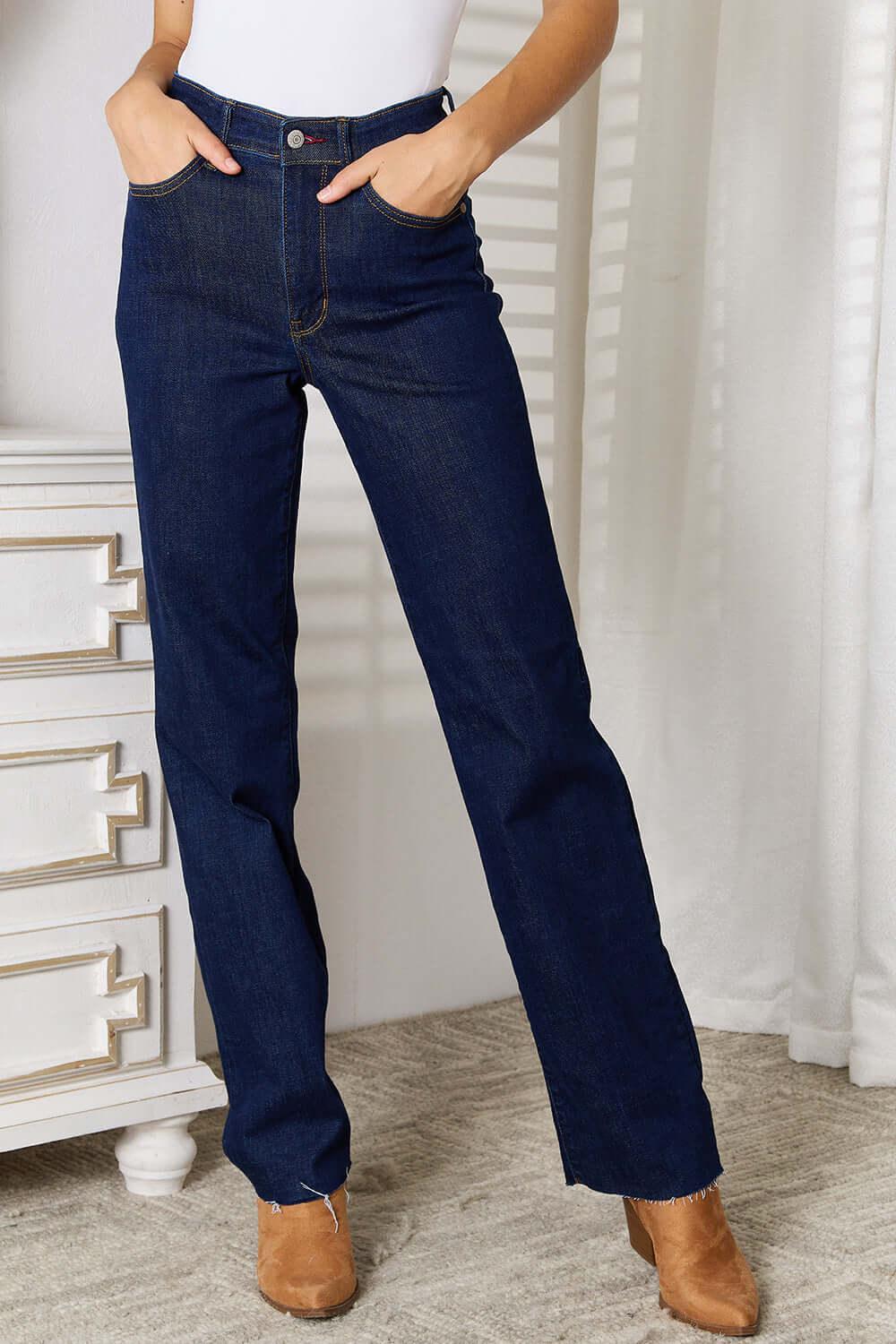 Judy Blue Full Size Raw Hem Straight Leg Jeans with Pockets - Clothes For Her Online Store