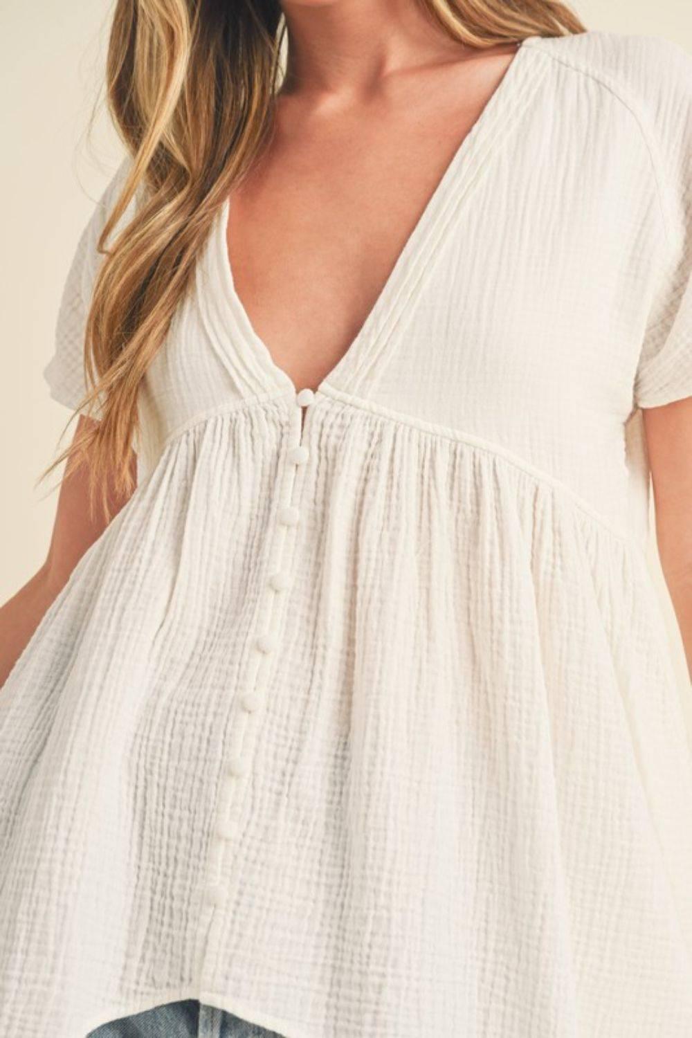 Aemi + Co Tuck Detail V-Neck Short Sleeve Blouse - Clothes For Her Online Store