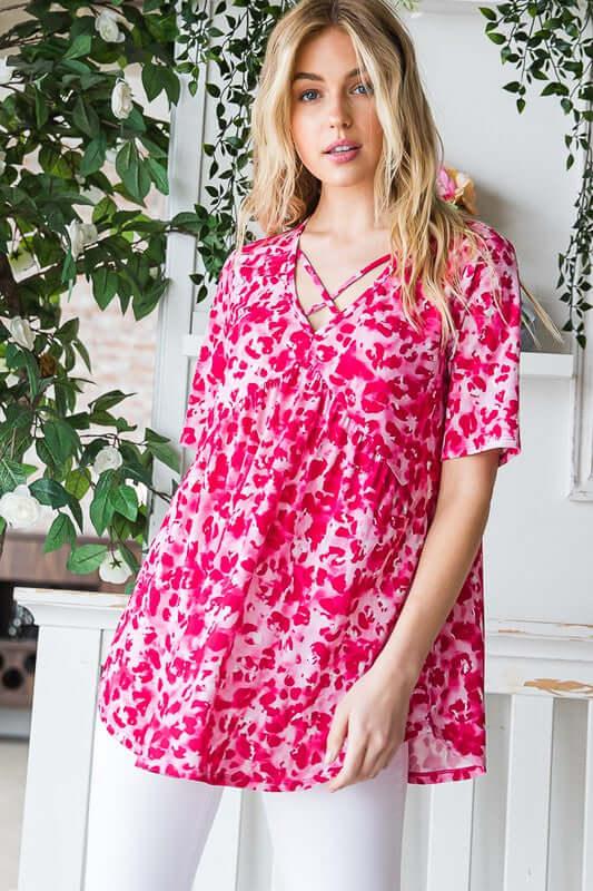 Heimish Full Size Short Sleeve Crisscross Animal Babydoll Top Plus Size