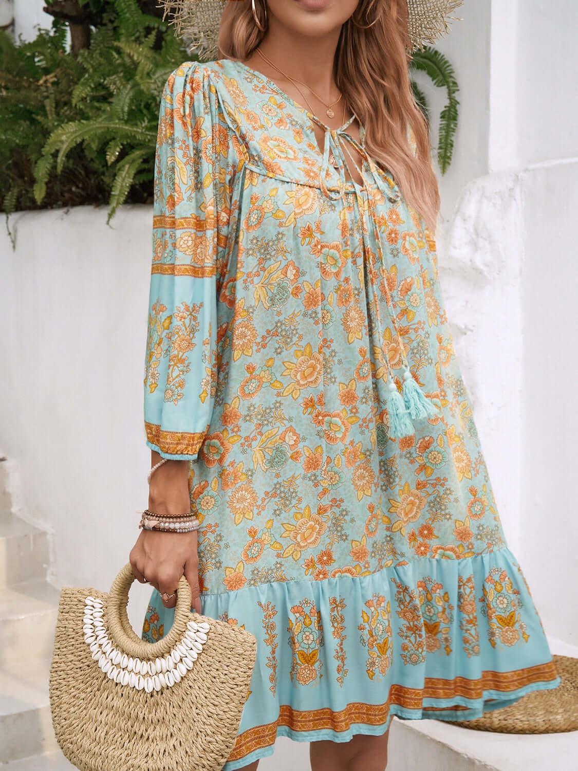 Devine Tassel Floral Tie Neck Mini Dress - Clothes For Her Online Store