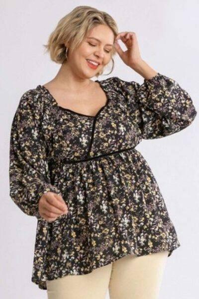 Umgee Full Size Floral Print Velvet Trimmed Balloon Sleeve Top Plus Size - Clothes For Her Online Store