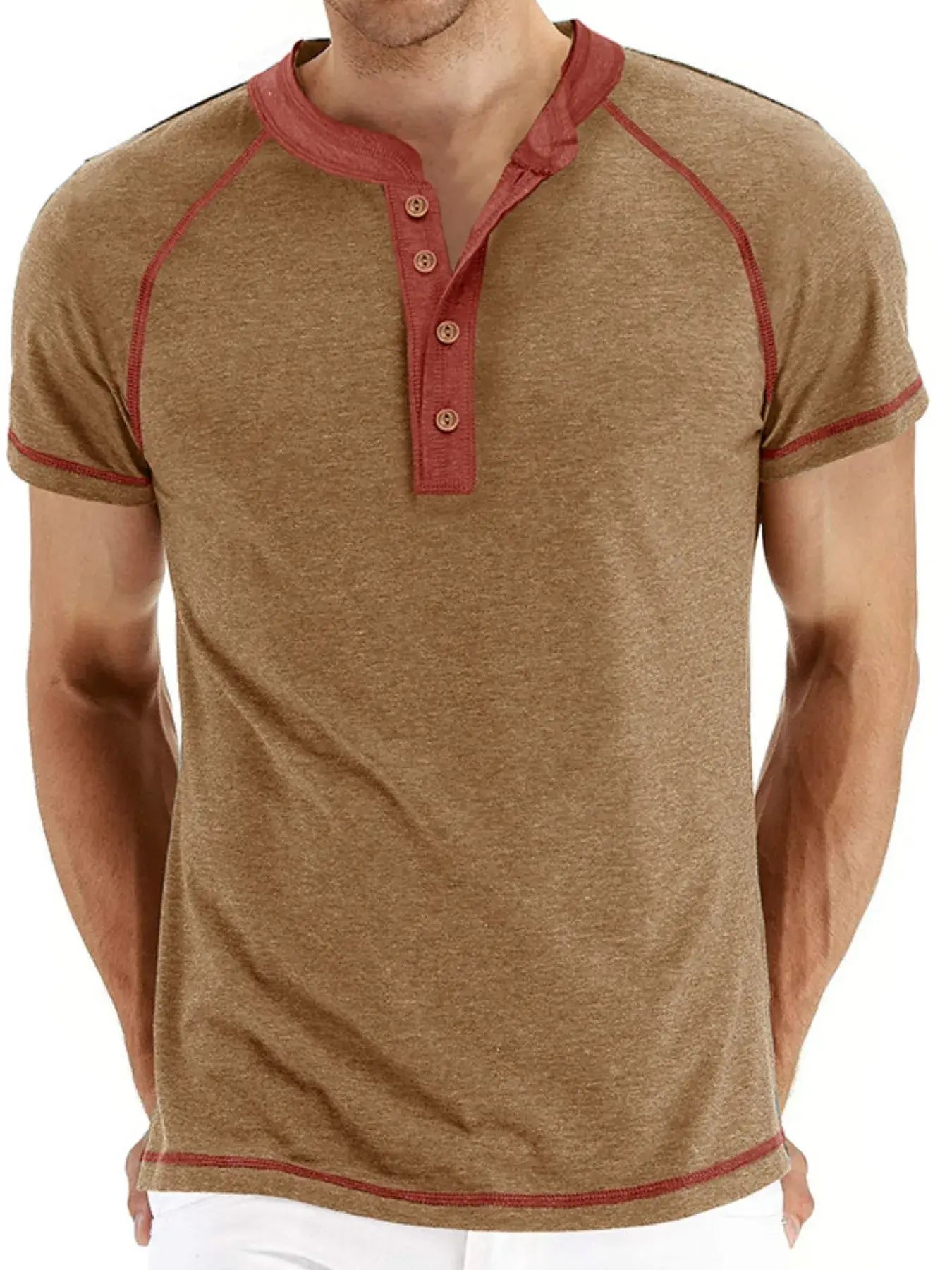 Men's Casual Henley Polo T-Shirt with Contrast Stitching