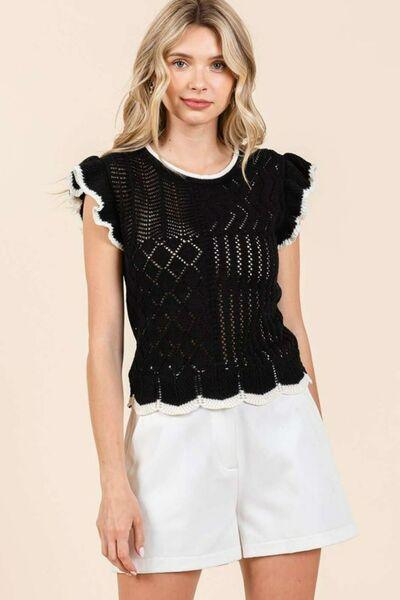 Mittoshop Openwork Contrast Trim Ruffled Cap Sleeve Knit Top - Clothes For Her Online Store