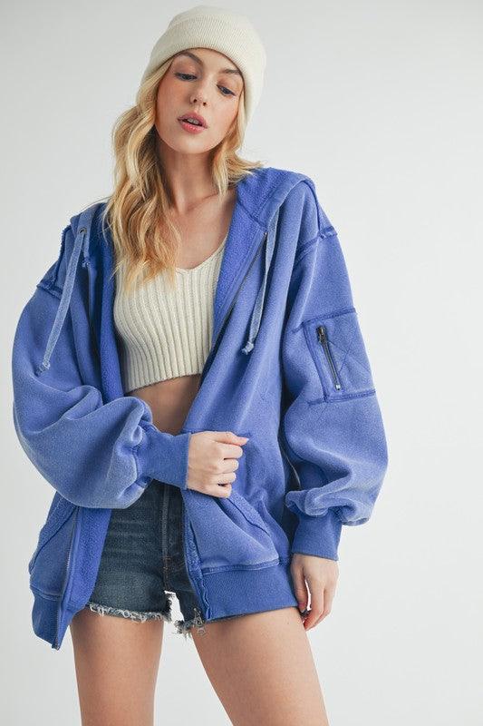 Aemi + Co Exposed Seam Zip Up Drawstring Hooded Jacket - Clothes For Her Online Store