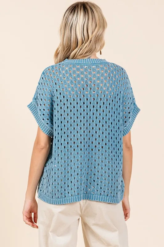 Mittoshop Mineral Wash Openwork Short Sleeve Knit Cover Up