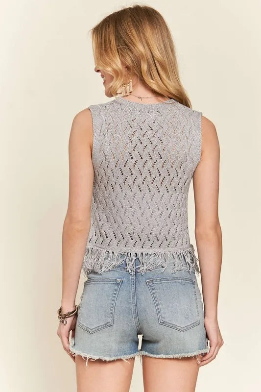 ADORA Fringe Hem Lurex Crochet Vest Top