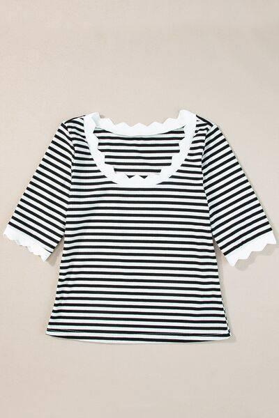 Striped Contrast Scallop Trim Half Sleeve T-shirt - Clothes For Her Online Store