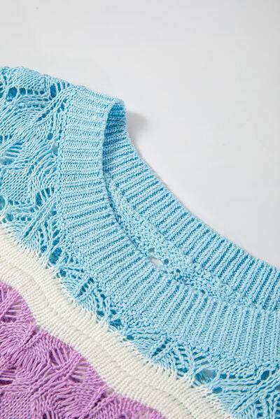 Color Block Openwork Half Sleeve Sweater - Clothes For Her Online Store