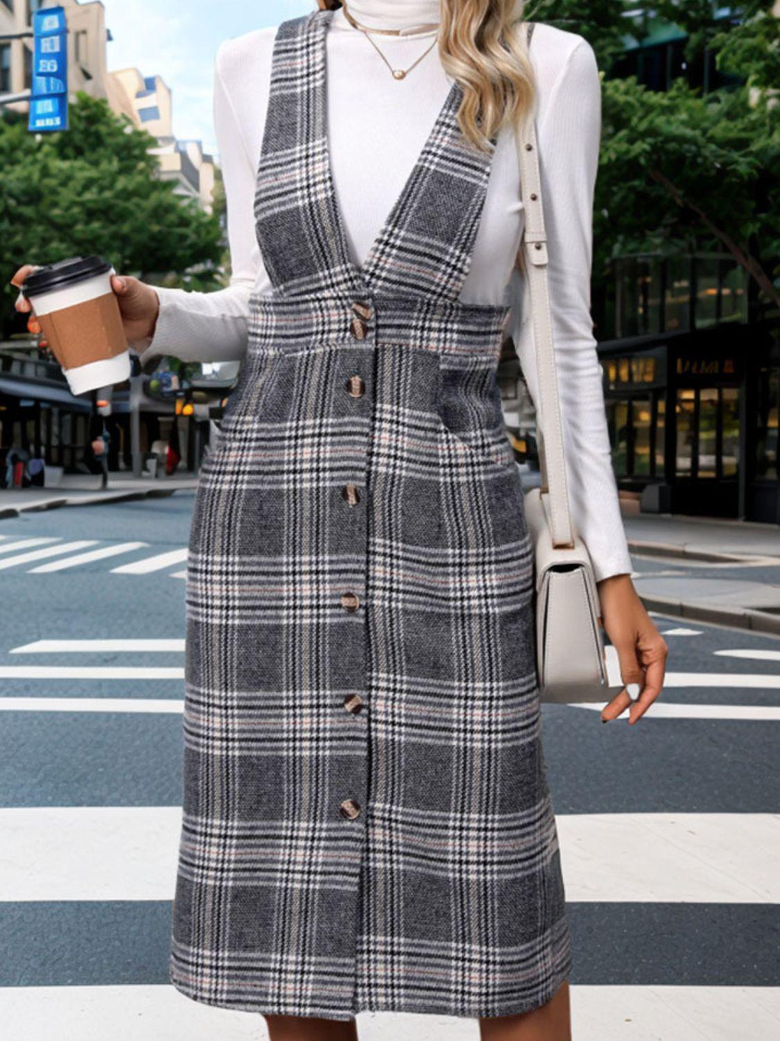 Perfee Pocketed Plaid Overall Dress - Clothes For Her Online Store