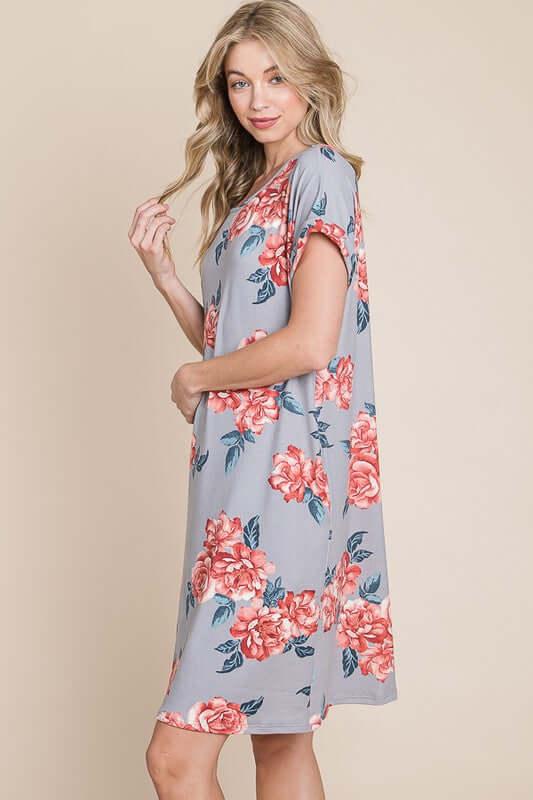 BOMBOM Floral Round Neck Short Tee Dress with Pockets - Clothes For Her Online Store