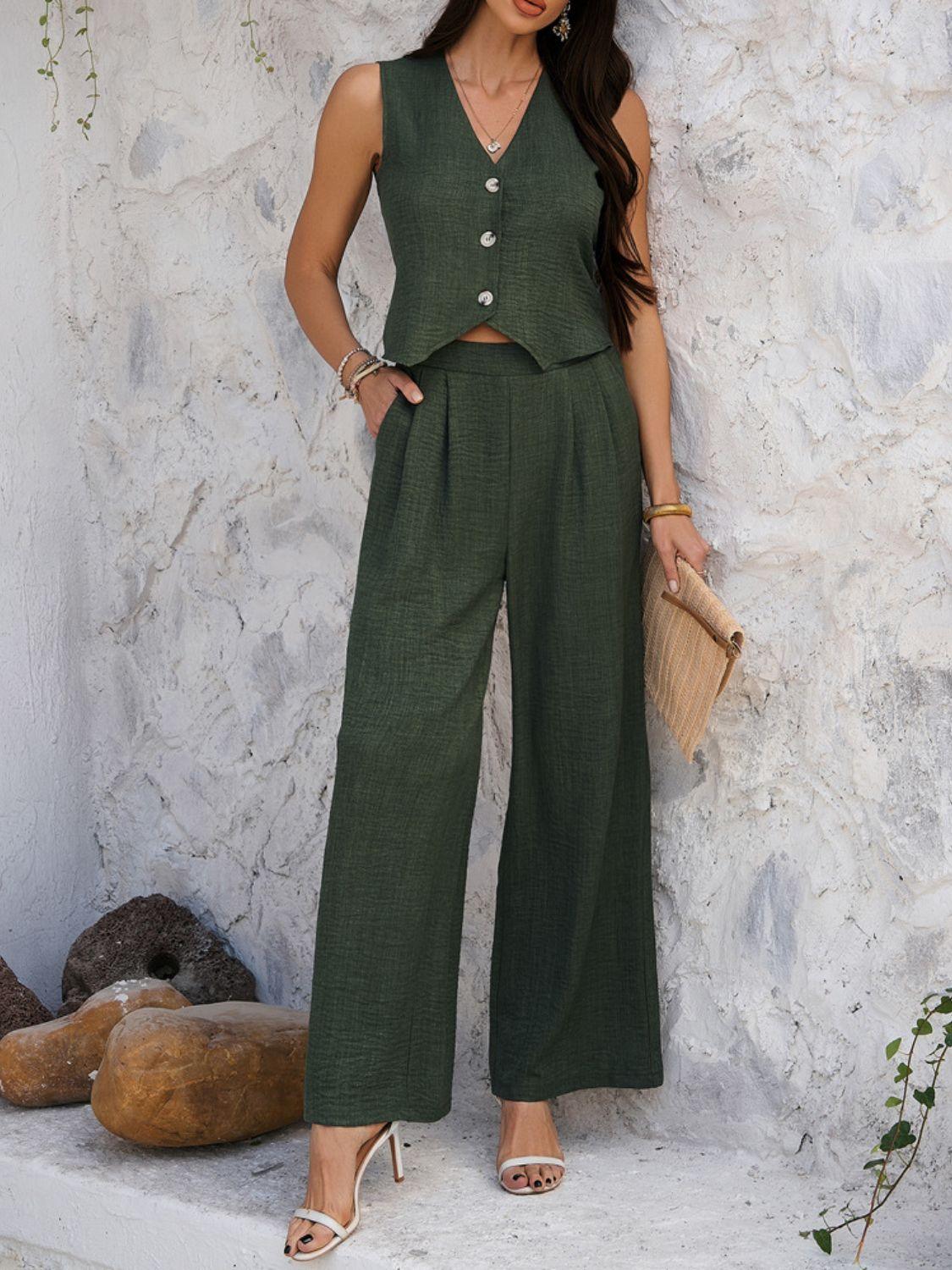 Devine Button Down Vest and Wide Leg Pants Set - Clothes For Her Online Store
