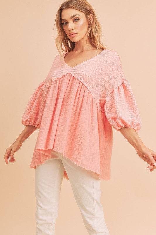 Aemi + Co High-Low Frayed Hem V-Neck Blouse - Clothes For Her Online Store
