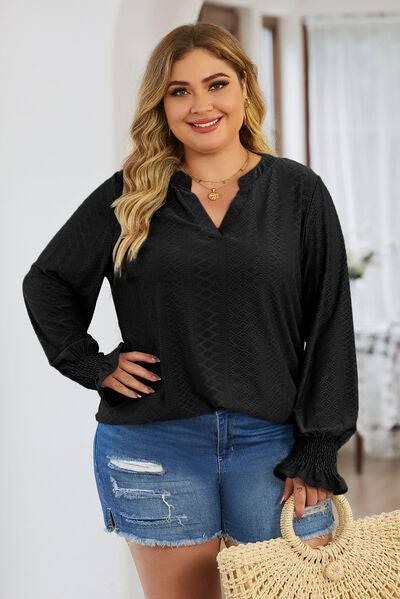 Plus Size Eyelet Notched Flounce Sleeve Blouse - Clothes For Her Online Store