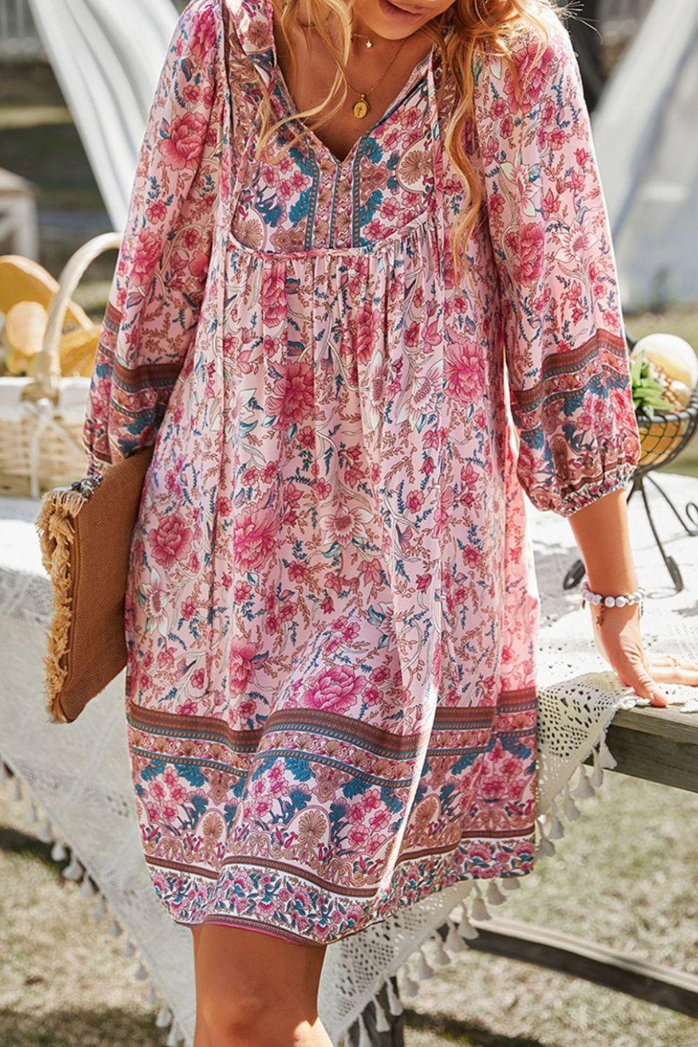 Devine Printed Tie Neck Mini Dress - Clothes For Her Online Store