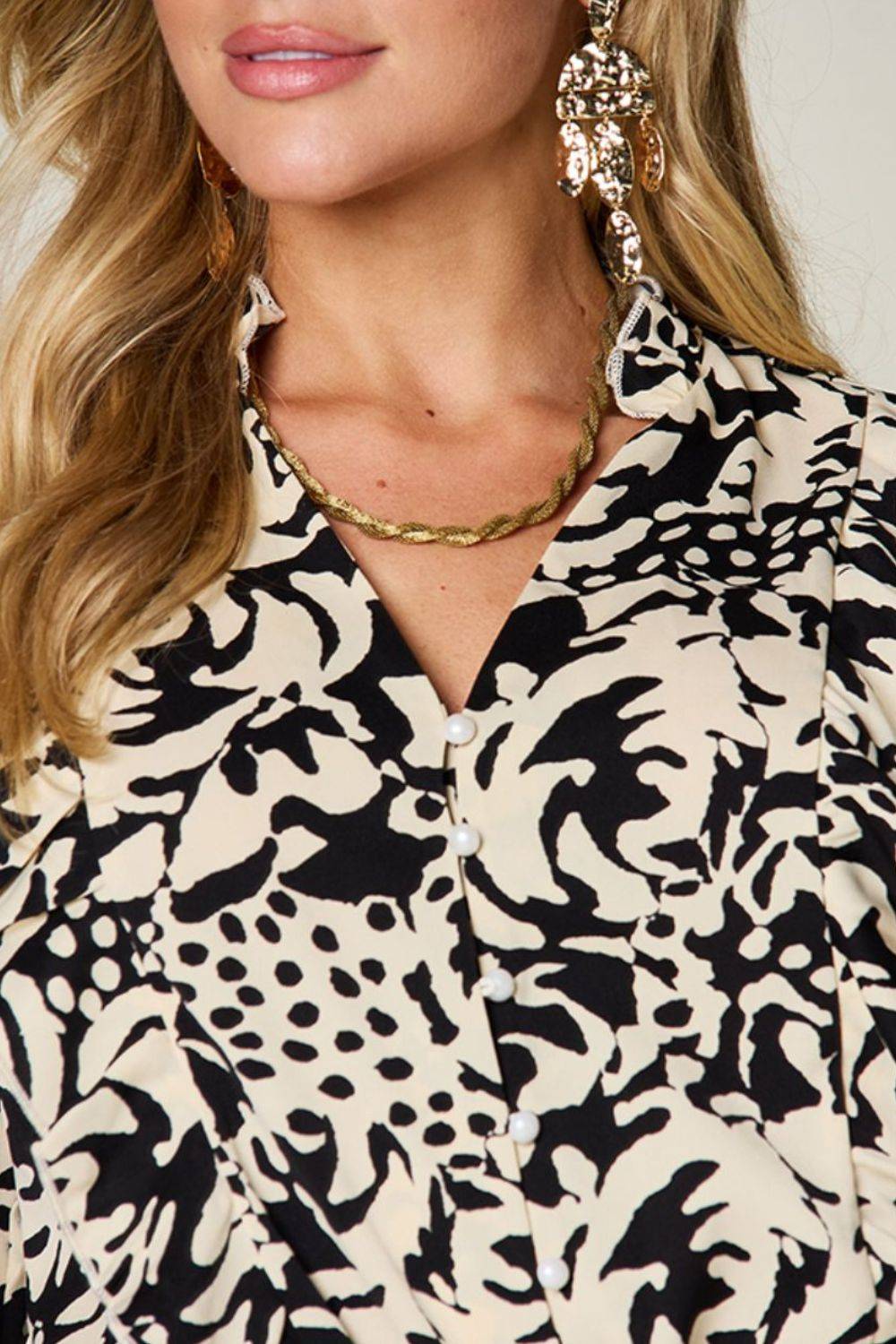 Double Take Full Size Printed Ruffle Trim Balloon Sleeve Shirt - Clothes For Her Online Store