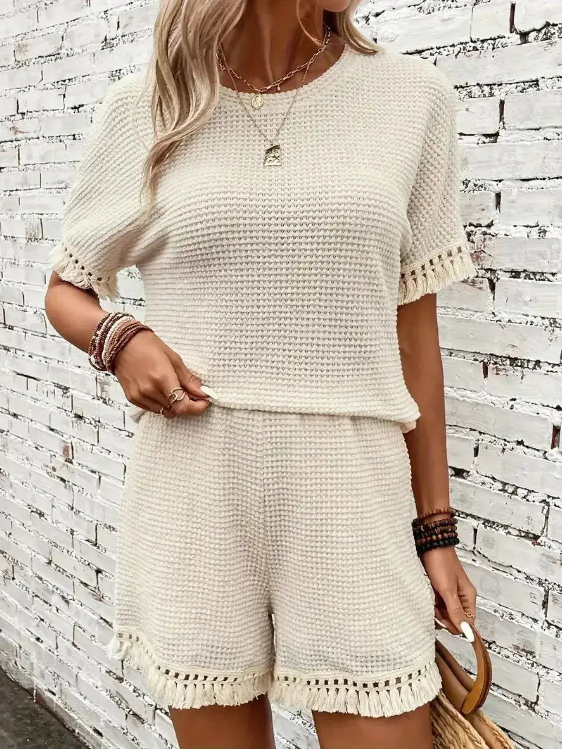 Tassel Round Neck Top and Shorts Set - Clothes For Her Online Store