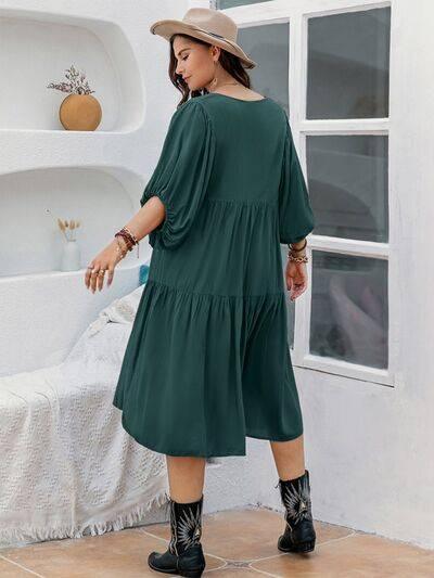 Plus Size Tie Neck Balloon Sleeve Midi Dress - Clothes For Her Online Store