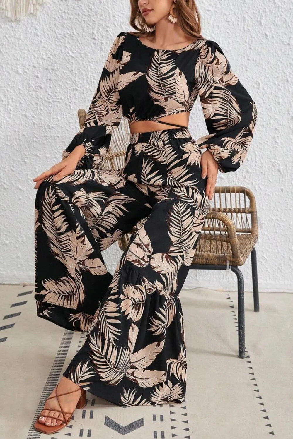 Printed Round Neck Long Sleeve Top and Pants Set