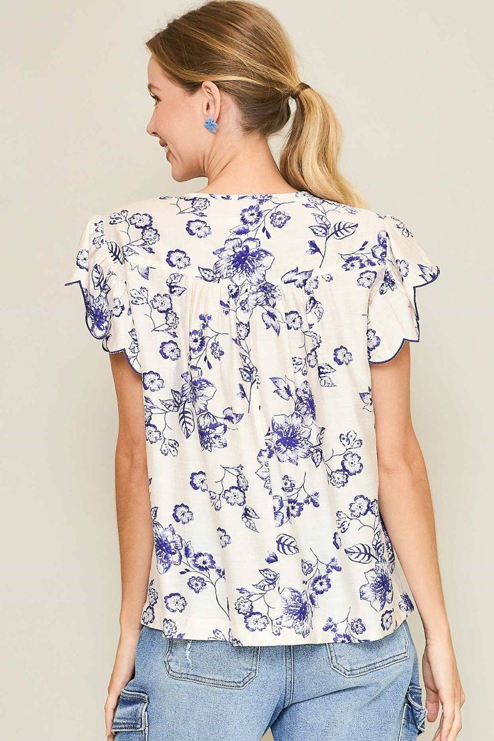Umgee Full Size Floral Print Tassel Tie Neck Scalloped Sleeve Blouse Plus Size - Clothes For Her Online Store
