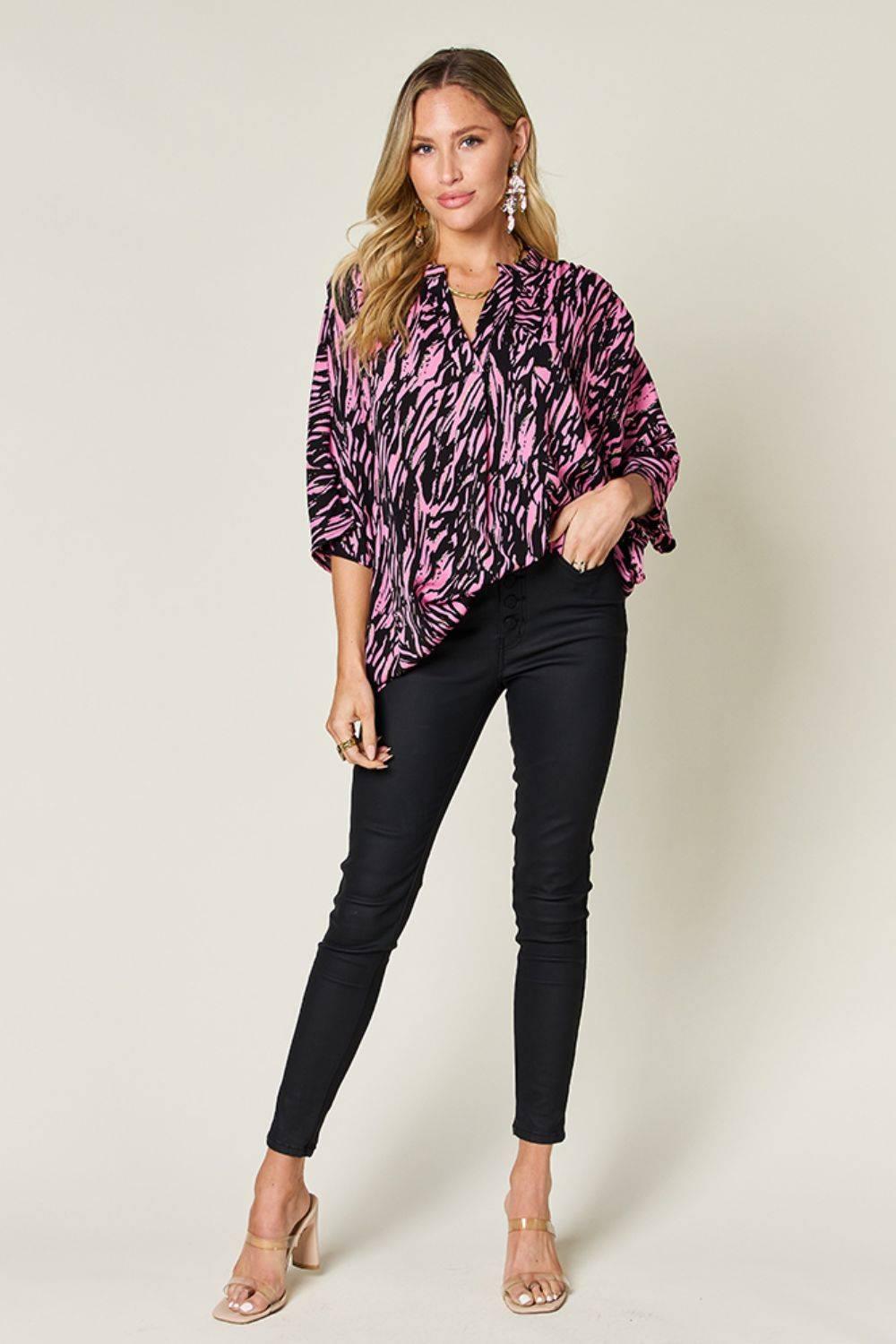 Double Take Full Size Printed Notched Three-Quarter Sleeve Blouse - Clothes For Her Online Store