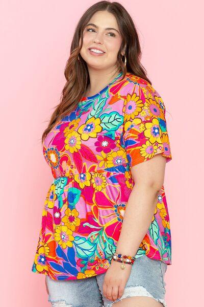 Plus Size Printed Round Neck Short Sleeve Top - Clothes For Her Online Store