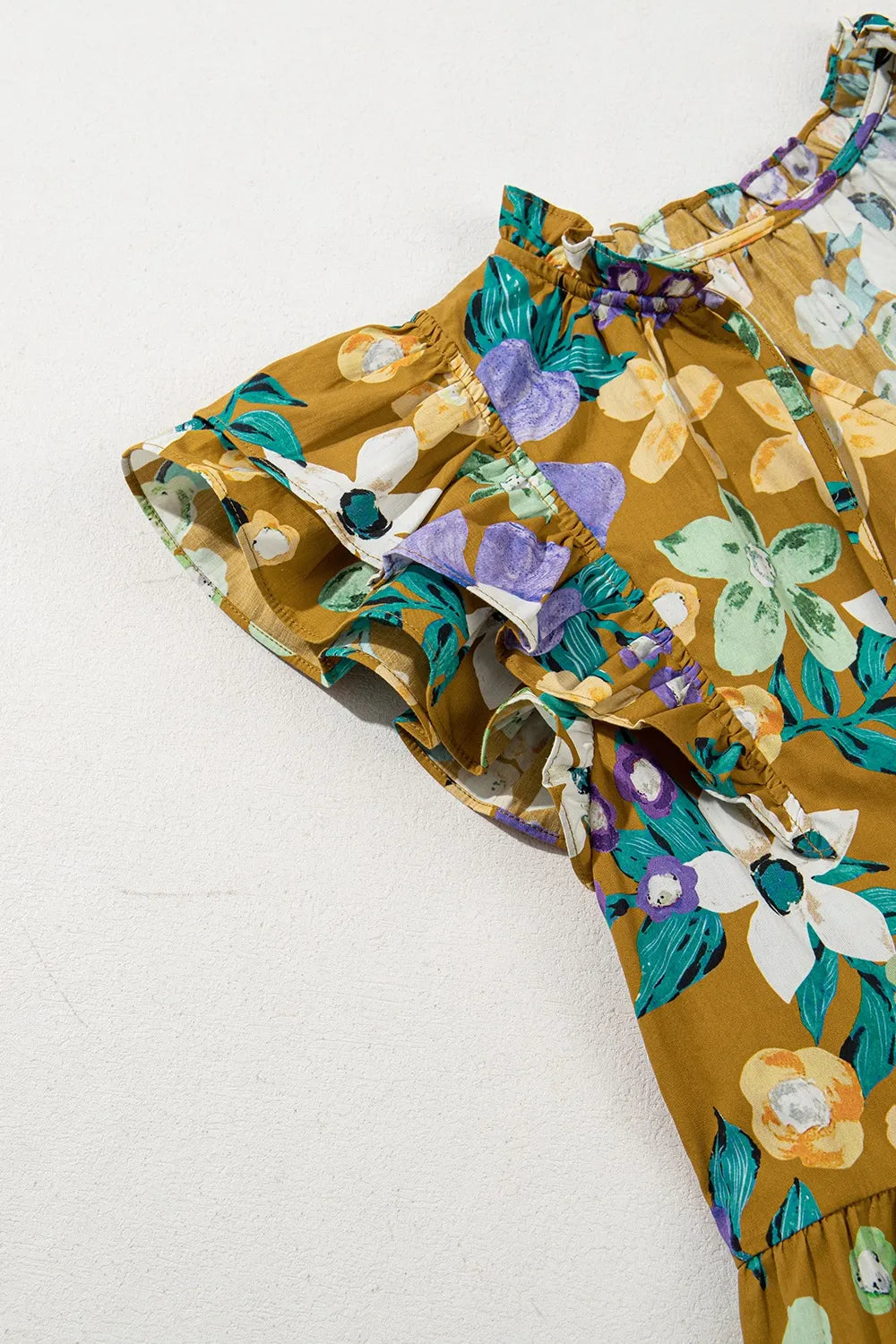 Floral Print Ruffle Cap Sleeve Tie Neck Top