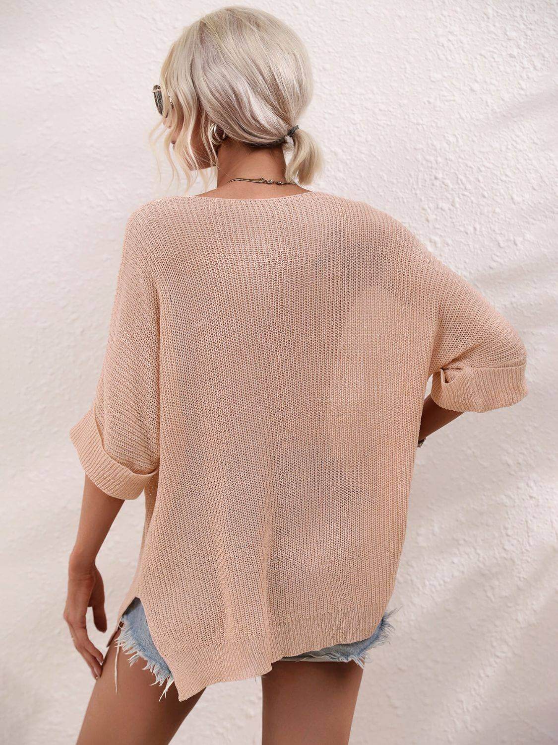 Boat Neck Cuffed Sleeve Slit Tunic Knit Top - Clothes For Her Online Store