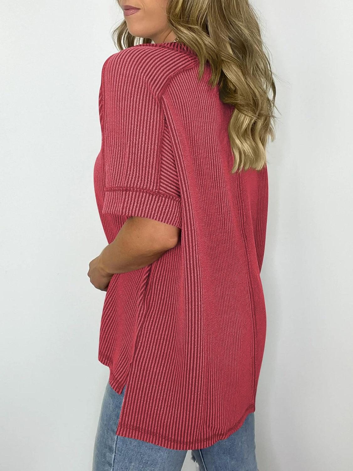 Cord Ribbed V-Neck Short Sleeve T-Shirt - Clothes For Her Online Store