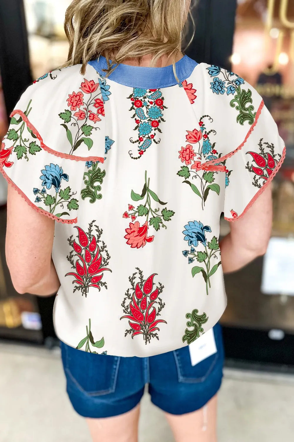 Floral Print Contrast Tassel Tie Short Sleeve Blouse