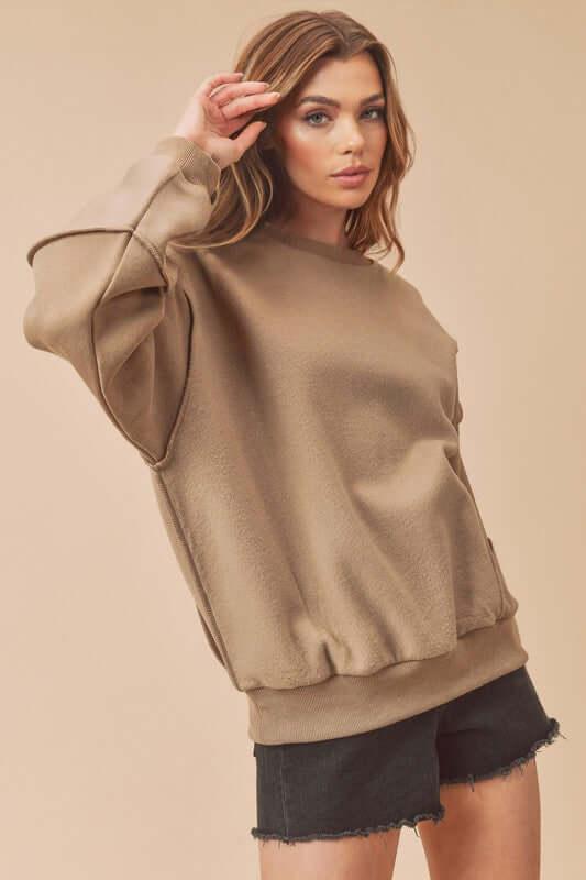 Aemi + Co Exposed Seam Round Neck Drop Shoulder Sweatshirt - Clothes For Her Online Store
