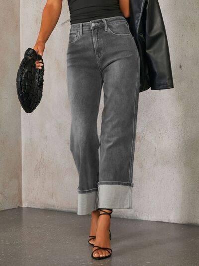 High Waisted Straight Leg Rolled Jeans - Clothes For Her Online Store