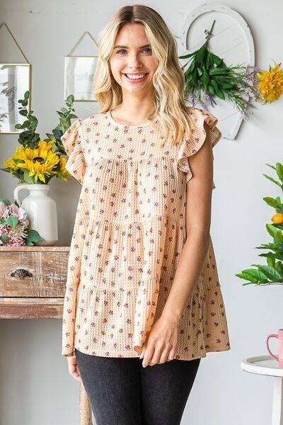 Heimish Full Size Butterfly Short Sleeve Round Neck Ditsy Floral Print Tiered Top Plus Size - Clothes For Her Online Store