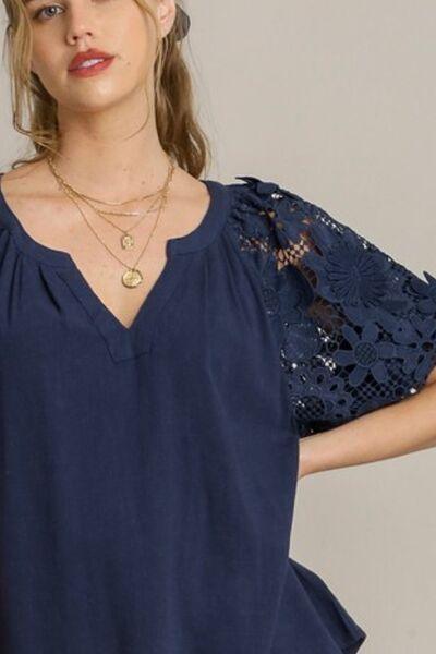Umgee Full Size French Terry Boxy Cut Top with 3D Floral Sleeve Plus Size - Clothes For Her Online Store
