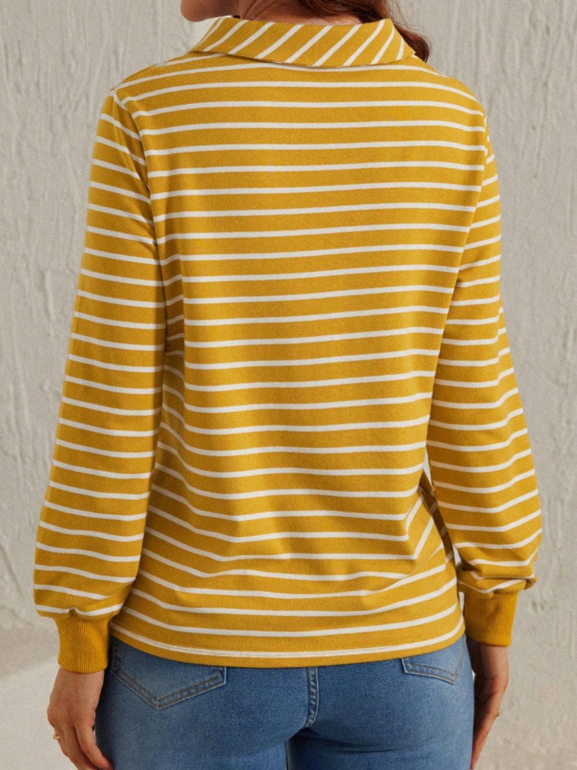 Striped Johnny Collar Long Sleeve T-Shirt - Clothes For Her Online Store