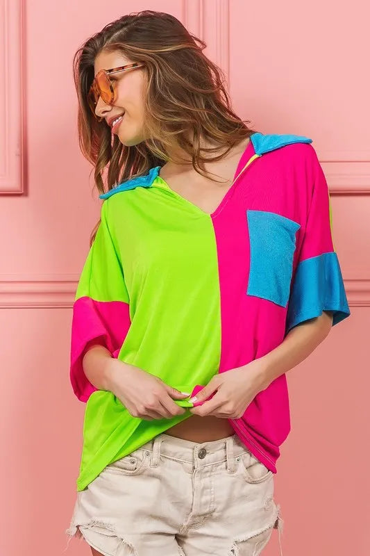BiBi Slinky Knit Color Block V Neck Front Top