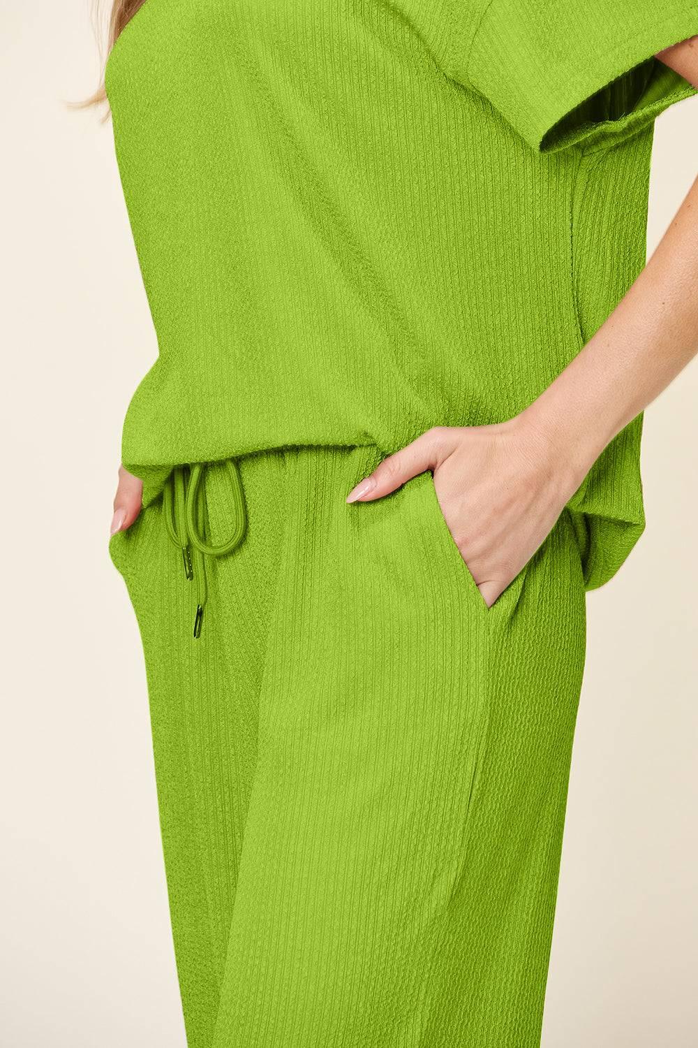 Double Take Full Size Texture Round Neck Short Sleeve T-Shirt and Wide Leg Pants - Clothes For Her Online Store