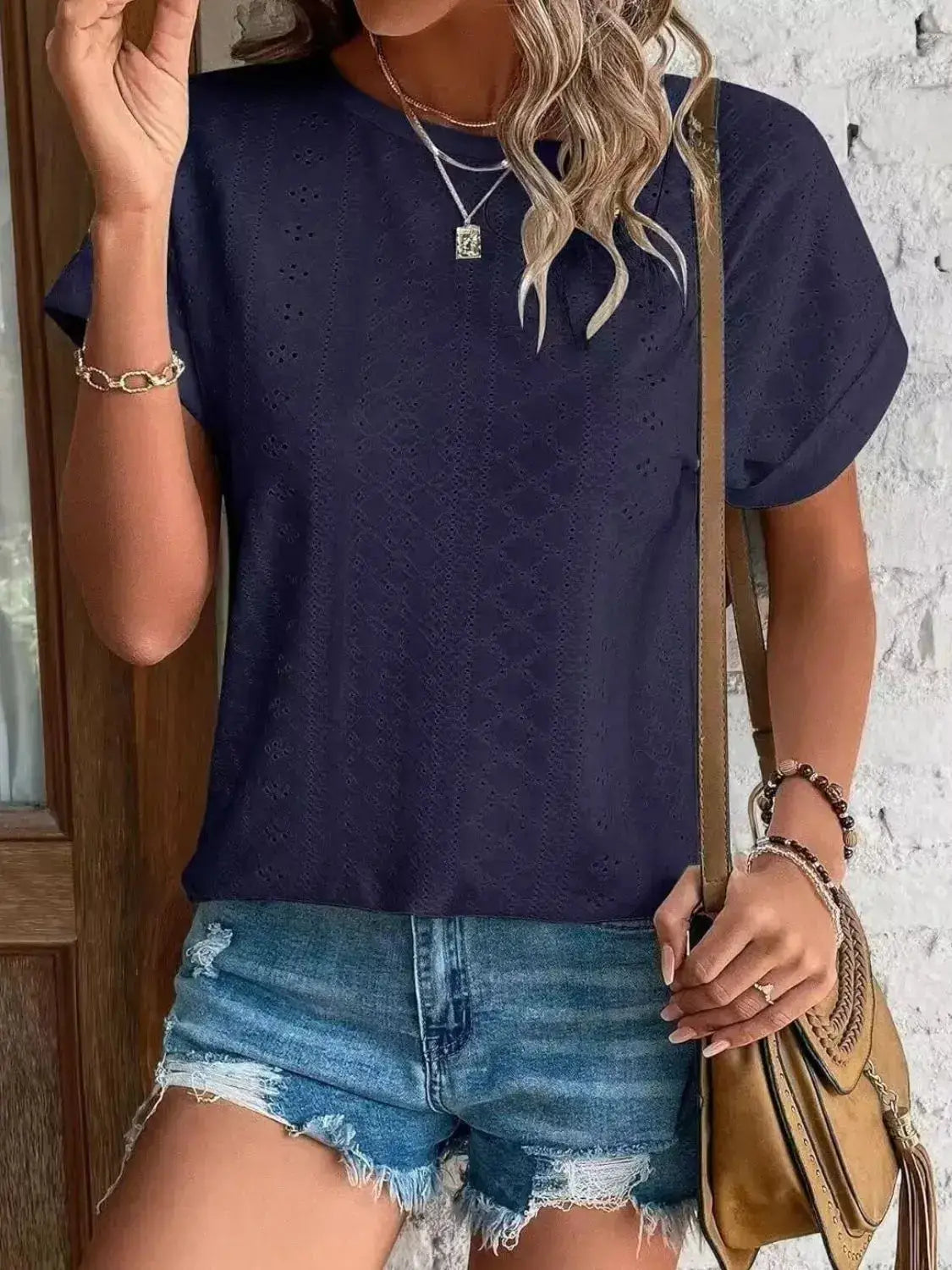 Eyelet Round Neck Short Sleeve Top - Clothes For Her Online Store