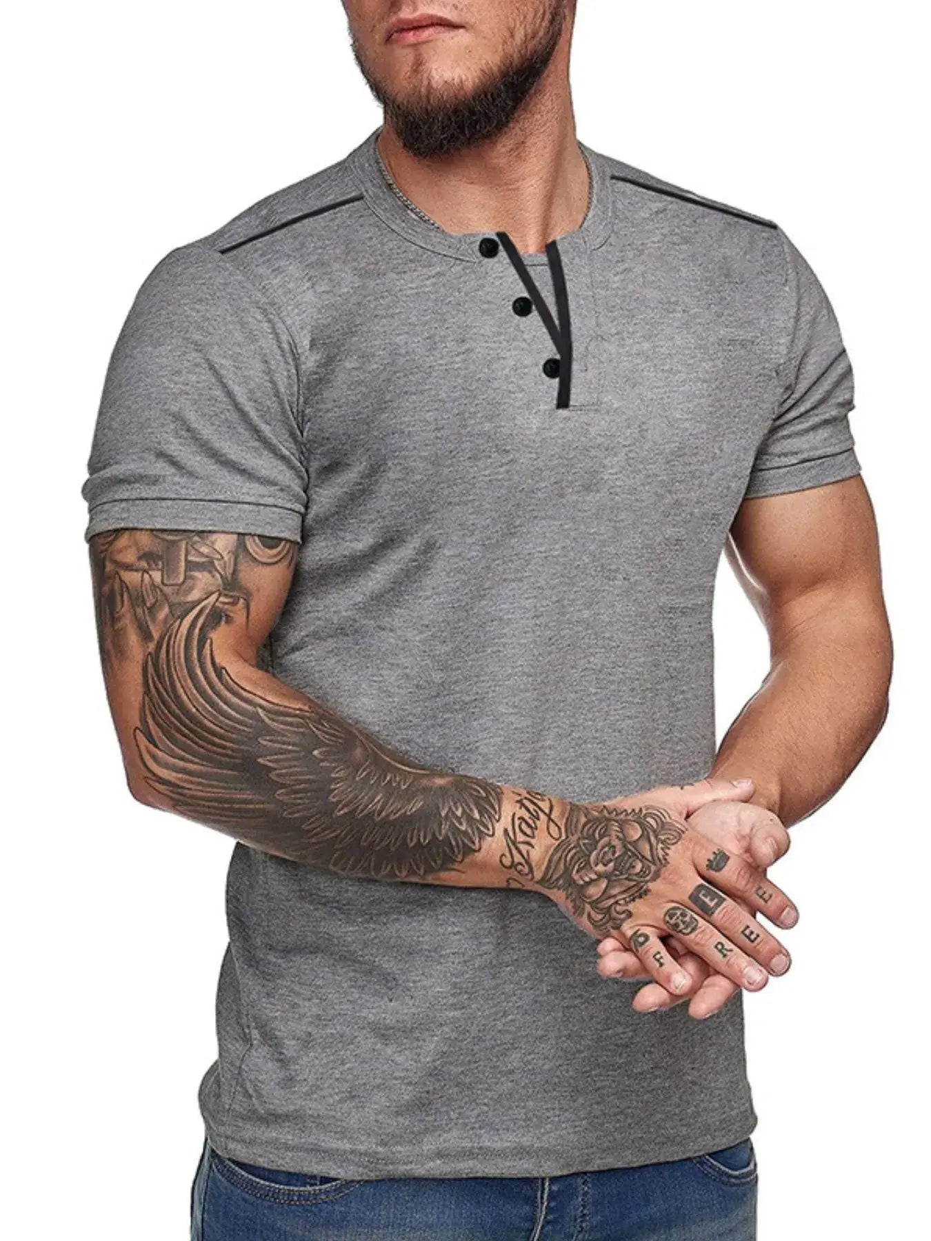 Men's Casual Henley Short Sleeve T-Shirt with Contrast Trim
