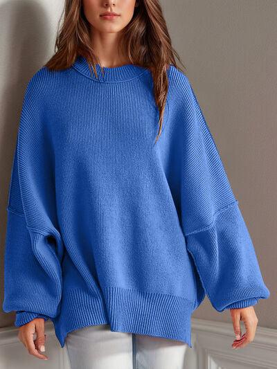 Double Take Side Slit Round Neck Long Sleeve Sweater - Clothes For Her Online Store