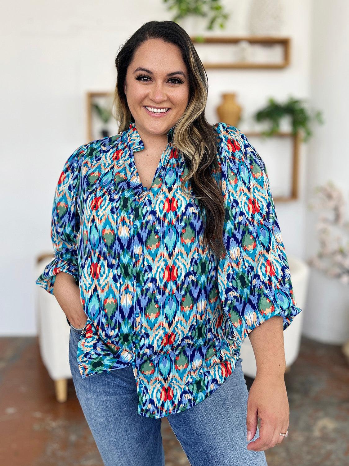 Double Take Full Size Printed Balloon Sleeve Blouse - Clothes For Her Online Store