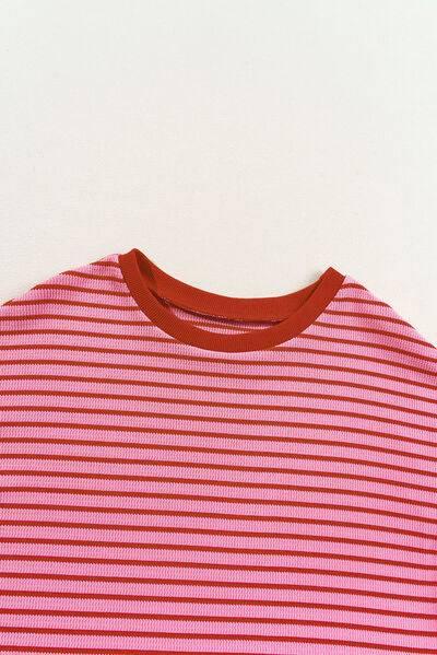Contrast Striped Round Neck Short Sleeve T-Shirt - Clothes For Her Online Store
