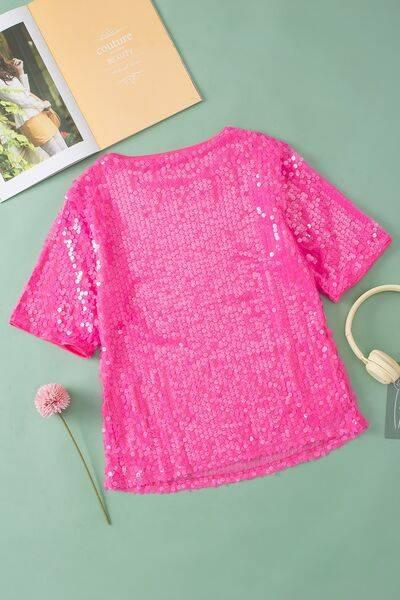 Sequin Round Neck Half Sleeve Blouse - Clothes For Her Online Store