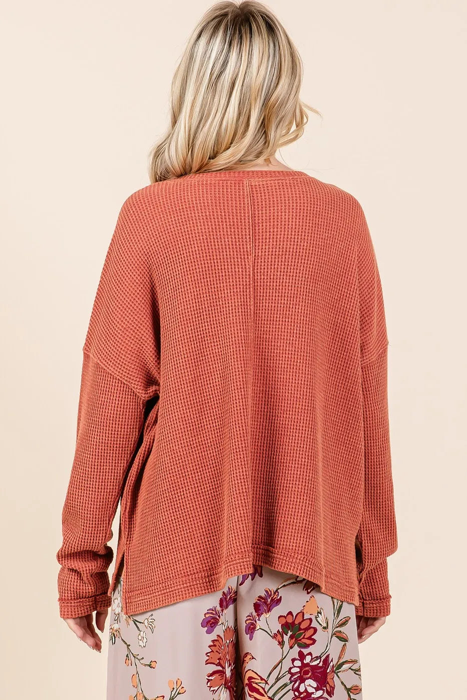 Mittoshop Mineral Wash Cutout Pocket Long Sleeve Waffle Top