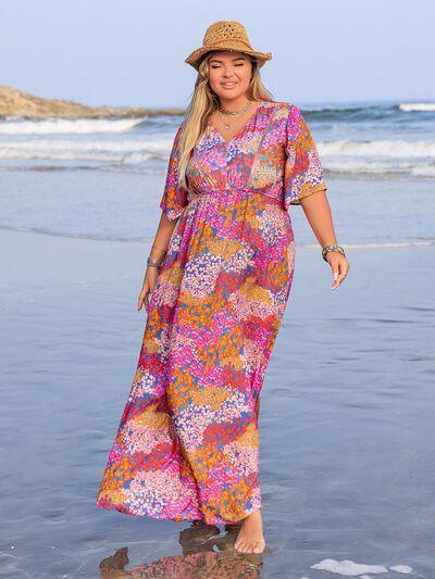 Plus Size Printed V-Neck Half Sleeve Maxi Dress - Clothes For Her Online Store